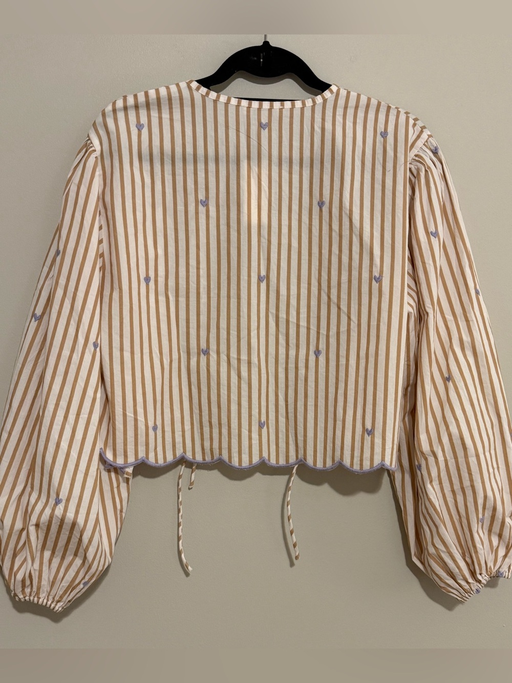 Maeve Striped Floral Embroidered Tie Front Balloon Sleeve Blouse Cottagecore - Picture 7 of 11